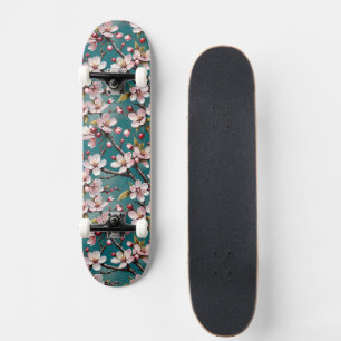 Roze Kersenbloesems op een Drieerige Teal Achtergr Persoonlijk Skateboard
