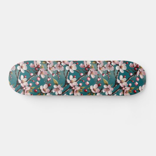 Roze Kersenbloesems op een Moody Blauwgroen achter Persoonlijk Skateboard (Horizontaal)