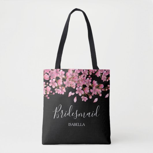 Roze kersenbloesems op zwart bruidsmeisje tote bag (Voorkant)