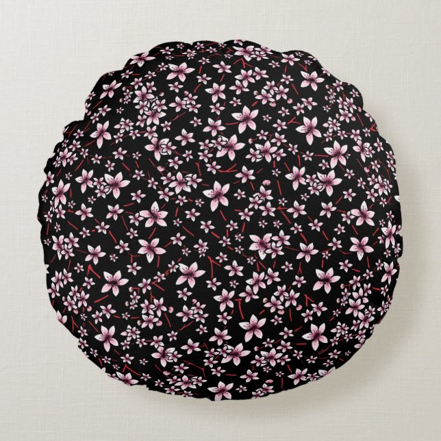 Roze Kersenbloesems Op Zwart Rond Kussen (Voorkant)