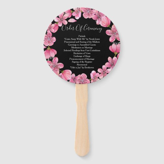 Roze kersenbloesems op zwart trouwprogramma handwaaier (Achterkant)