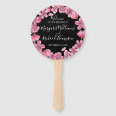 Roze kersenbloesems op zwart trouwprogramma handwaaier (Voorkant)