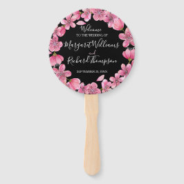 Roze kersenbloesems op zwart trouwprogramma handwaaier