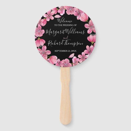 Roze kersenbloesems op zwart trouwprogramma handwaaier (Voorkant)