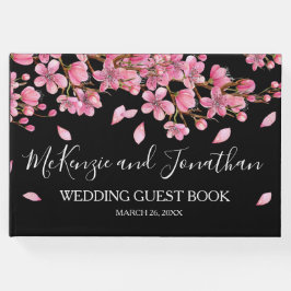 Roze kersenbloesems op zwarte bruiloft gastenboek