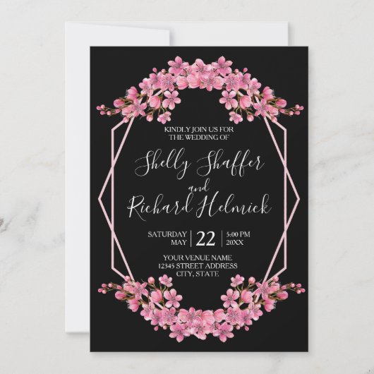 Roze kersenbloesems op zwarte bruiloft kaart (Voorkant)