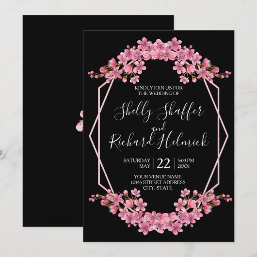Roze kersenbloesems op zwarte bruiloft kaart (Voorkant / Achterkant)