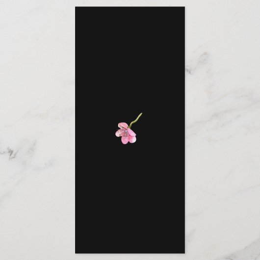 Roze kersenbloesems op zwarte bruiloft receptie menu (Achterkant)