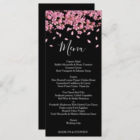 Roze kersenbloesems op zwarte bruiloft receptie menu (Voorkant / Achterkant)