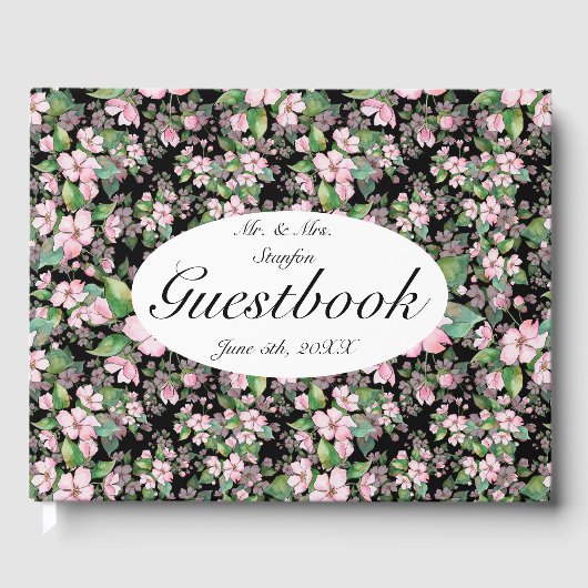 Roze Kersenbloesems Op Zwarte Trouwgastenboek Gastenboek (Voorkant)