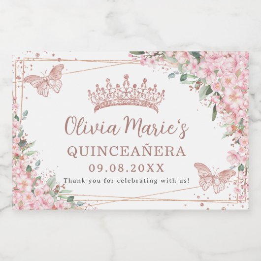 Roze Kersenbloesems Vlinders Roos Gold Mini Sparkling Wijnetiket (Enkel label)