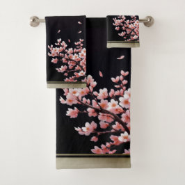 Roze Kersenbloesems -Zwart/Goud- Badhanddoek Set Bad Handdoek