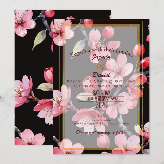 Roze Kersenbloesems Zwarte Achtergrond Uitnodiging (Voorkant / Achterkant)