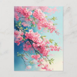 Roze Kersenbloesemtakken in Blauwe Lucht Briefkaart