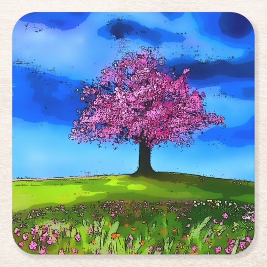Roze Kersenboom Kartonnen Onderzetters (Voorkant)