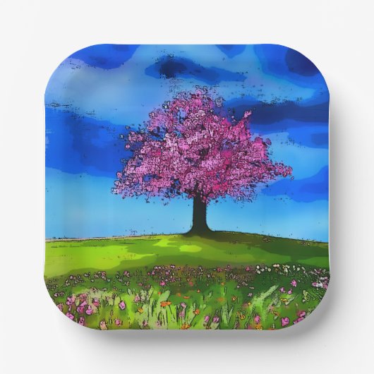 Roze Kersenboom Papieren Bordje (Voorkant)