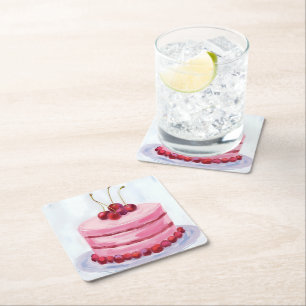 Roze Kersencake Aquarel Feestviering Partij Kartonnen Onderzetters