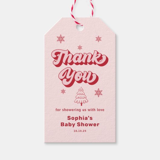 Roze kerst baby shower bedankings favorietje cadeaulabel (Voorkant)