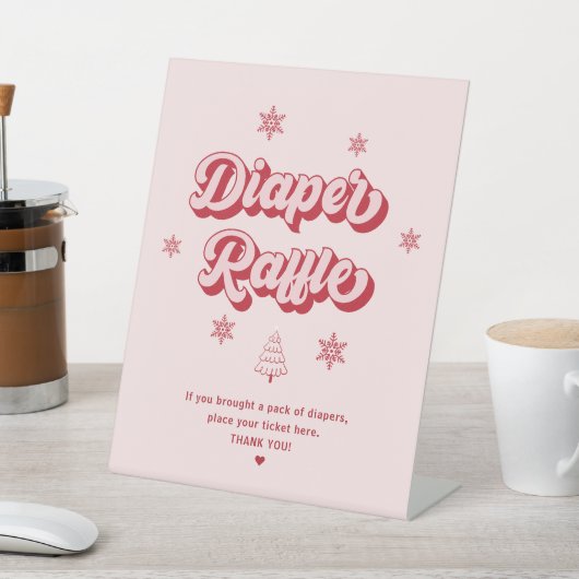 Roze kerst baby shower luiers raffle reclamebord met voetstuk (Insitu)