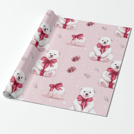  Roze Kerst Beer met Rode Boog Cadeaupapier (Uitgerold)
