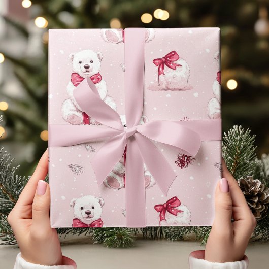  Roze Kerst Beer met Rode Boog Cadeaupapier