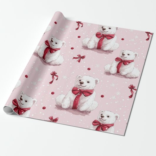 Roze Kerst Beer met Rode Boog Cadeaupapier (Uitgerold)