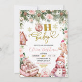 Roze Kerst Bloemen Sleigh Oh Baby shower Kaart (Voorkant)