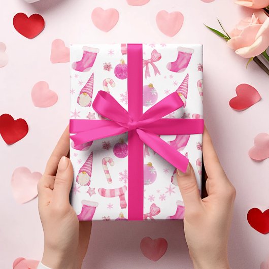 Roze Kerst Boog & Sneeuwvlok Wrapping Papier