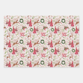 Roze Kerst Bos Gift Wrap, Blad Set van 3 Inpakpapier Vel