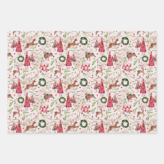 Roze Kerst Bos Gift Wrap, Blad Set van 3 Inpakpapier Vel (Voorkant)