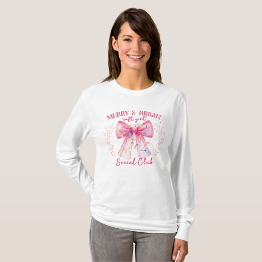 Roze Kerst Coquette boog T-shirt (Voorkant volledig)