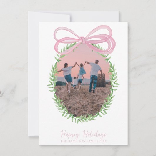  Roze Kerst Coquette Bow Krans Foto Feestdagenkaart (Voorkant)