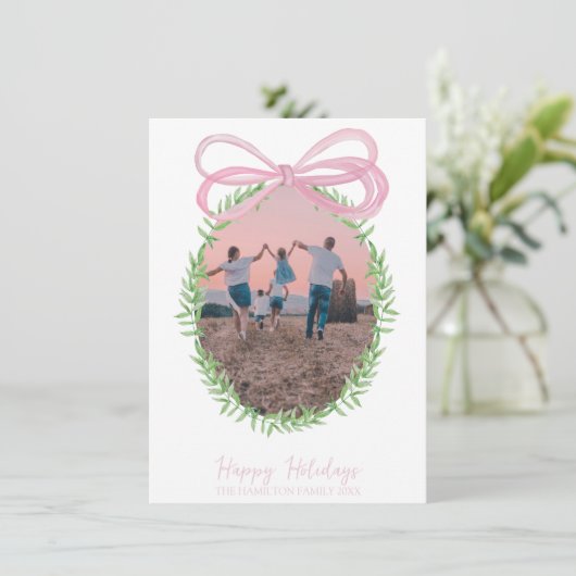  Roze Kerst Coquette Bow Krans Foto Feestdagenkaart (Staand voorkant)
