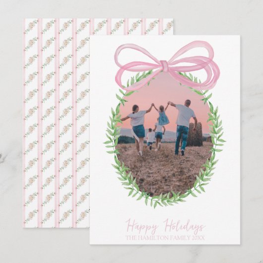  Roze Kerst Coquette Bow Krans Foto Feestdagenkaart (Voorkant / Achterkant)