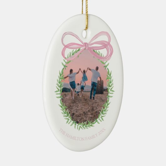  Roze Kerst Coquette Bow Krans Foto Keramisch Ornament (Rechts)