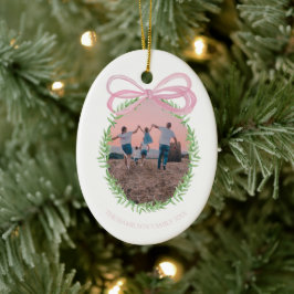  Roze Kerst Coquette Bow Krans Foto Keramisch Ornament