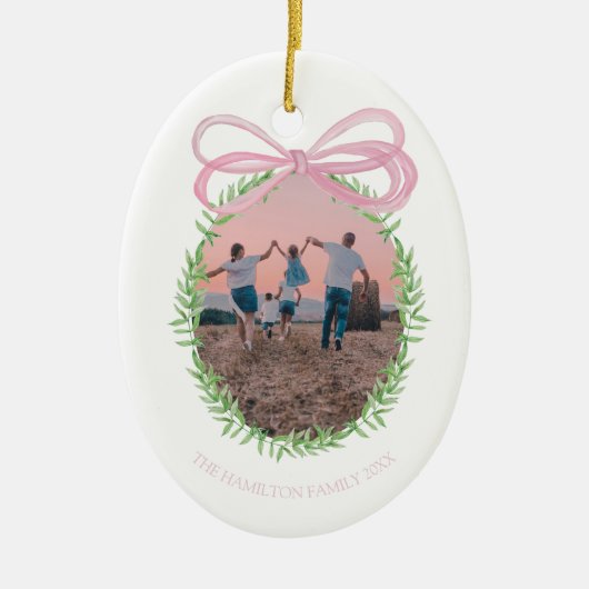  Roze Kerst Coquette Bow Krans Foto Keramisch Ornament (Voorkant)