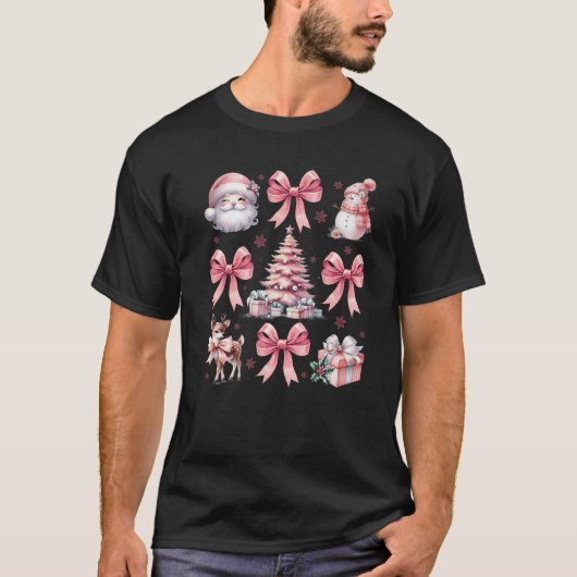 Roze Kerst Coquette Bow Santa Pattern Vrouwen F T-shirt (Voorkant)