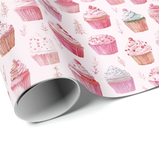 Roze Kerst Cupcakes inpakpapier (Rol Hoek)