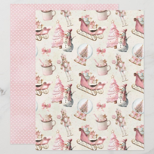 Roze Kerst Cute Pastel Scrapbook Papier (Voorkant / Achterkant)