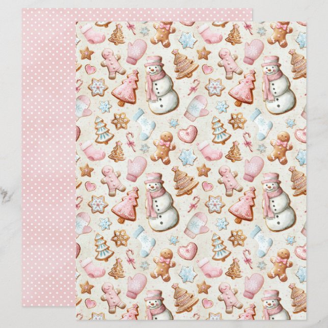 Roze Kerst Cute Pastel Scrapbook Papier (Voorkant / Achterkant)