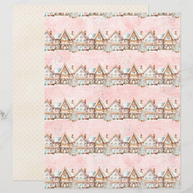 Roze Kerst Cute Pastel Scrapbook Papier (Voorkant / Achterkant)