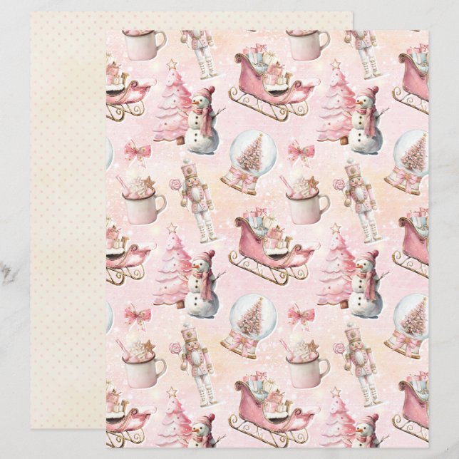 Roze Kerst Cute Pastel Scrapbook Papier (Voorkant / Achterkant)