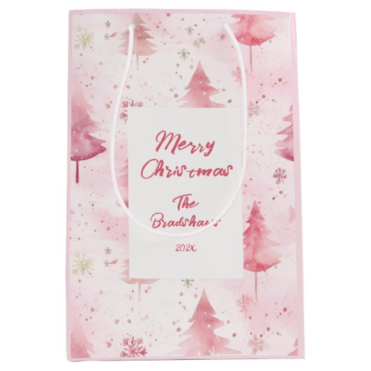 Roze Kerst  dennenbomen Gift Bag Medium Cadeauzakje (Voorkant)