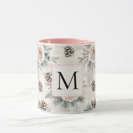 Roze Kerst Dennenkegels Bloem Monogram Mok