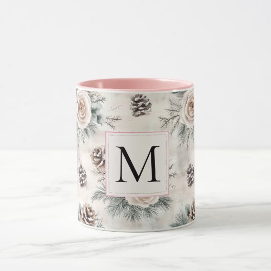 Roze Kerst Dennenkegels Bloem Monogram Mok (Midden)