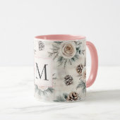 Roze Kerst Dennenkegels Bloem Monogram Mok (Voorkant rechts)