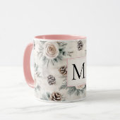 Roze Kerst Dennenkegels Bloem Monogram Mok (Voorkant links)