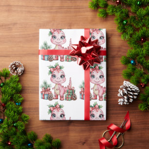 Roze Kerst Dino Meisje Baby Borrel Cadeaupapier
