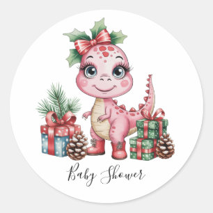 Roze Kerst Dino Meisje Baby Borrel Ronde Sticker